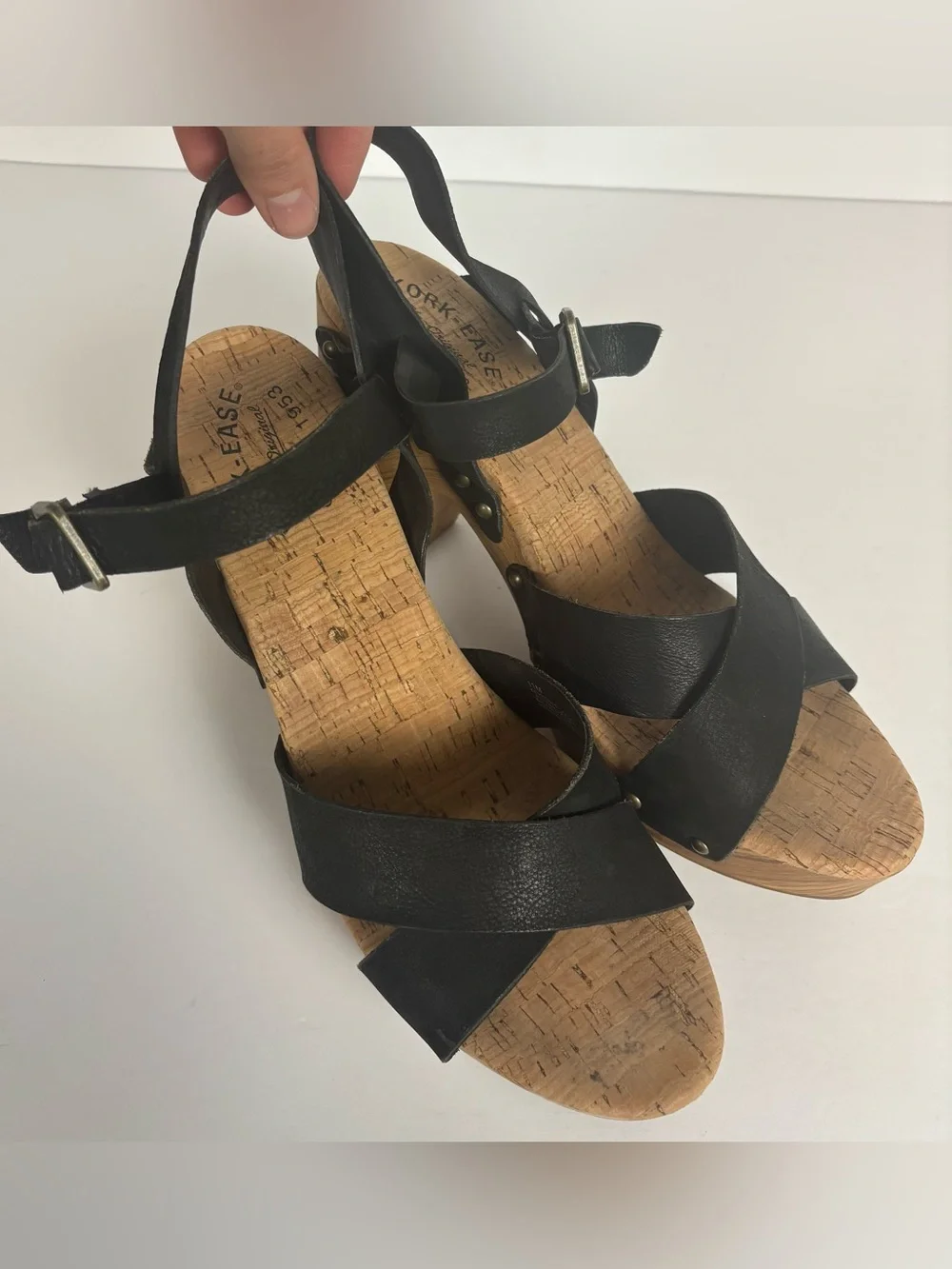 Kork Ease Black Leather Wood Style Platform Studded Clog Sandals